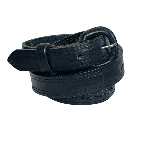 Accessories - Genuine Leather Black Tooled Western Style Thin Belt Unisex Vintage 90s